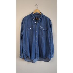 Dockers Indigo Denim Shirt Mens Large Blue Long Sleeve Cotton Button Down 0260